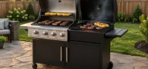 Gas and charcoal combo grill on one cart with burgers and corn cooking on both sides in a backyard
