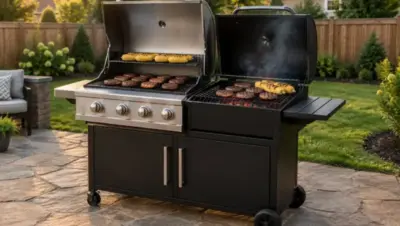 Gas and charcoal combo grill on one cart with burgers and corn cooking on both sides in a backyard