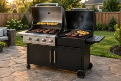 Gas and charcoal combo grill on one cart with burgers and corn cooking on both sides in a backyard