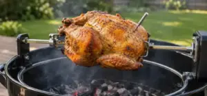 Whole chicken on a rotisserie spit over a charcoal kettle grill with a wireless thermometer probe inserted