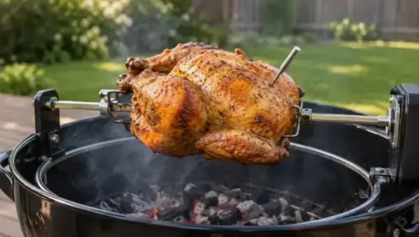 Whole chicken on a rotisserie spit over a charcoal kettle grill with a wireless thermometer probe inserted