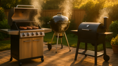 Gas, charcoal and pellet grills on a backyard patio best grills under $500