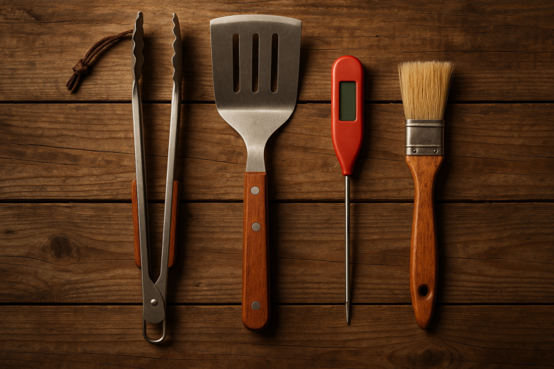 BBQ tools and accessories on a wooden table