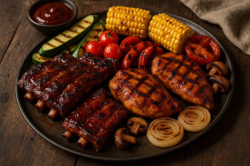 Platter of grilled ribs, chicken and vegetables