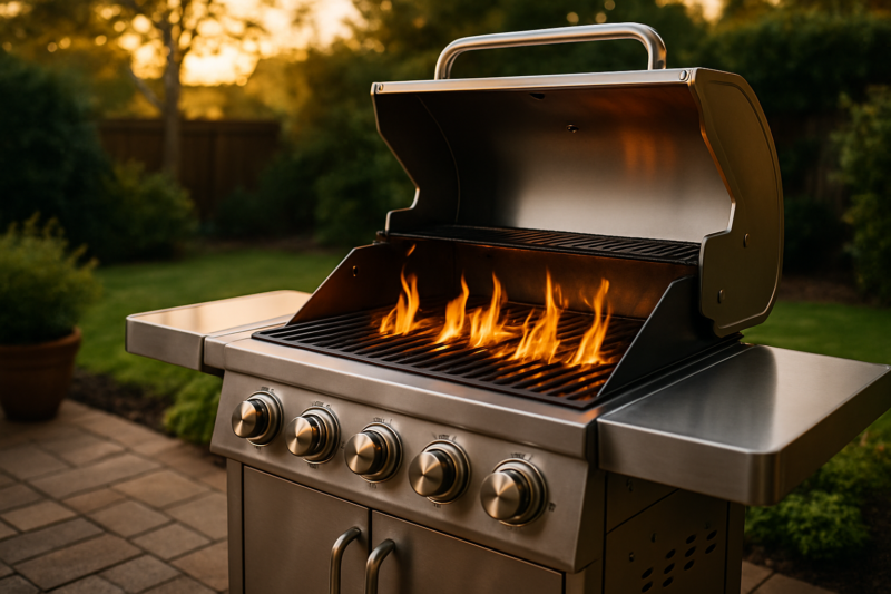 Modern stainless steel gas grill with flames on a patio