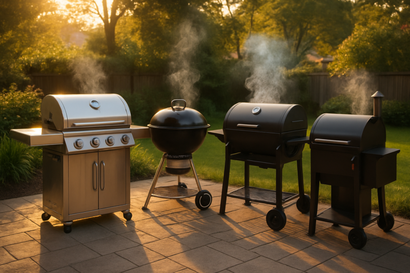 Gas, charcoal and pellet grills on a backyard patio