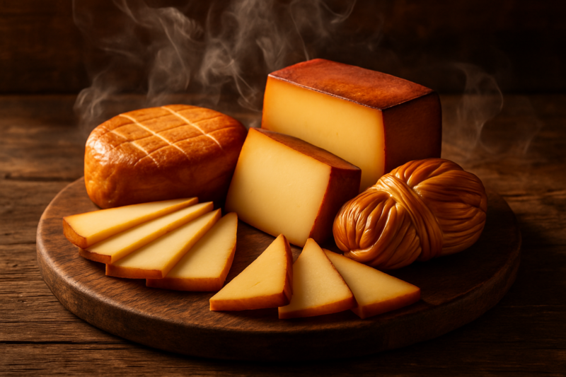 Board of smoked cheeses with light smoke
