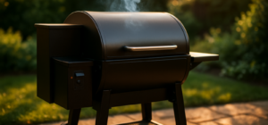 Black pellet grill with side hopper smoking on a backyard patio best pellet grills 2026