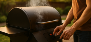 Beginner using a pellet grill on a backyard patio, lid closed with light smoke