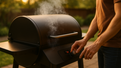 Beginner using a pellet grill on a backyard patio, lid closed with light smoke