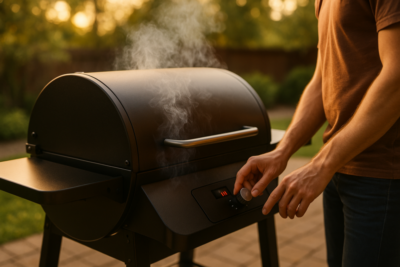 Beginner using a pellet grill on a backyard patio, lid closed with light smoke