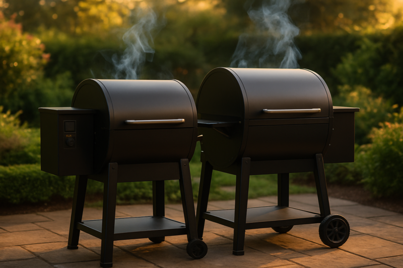 Two pellet grills side by side on a backyard patio Pit Boss vs Traeger comparison